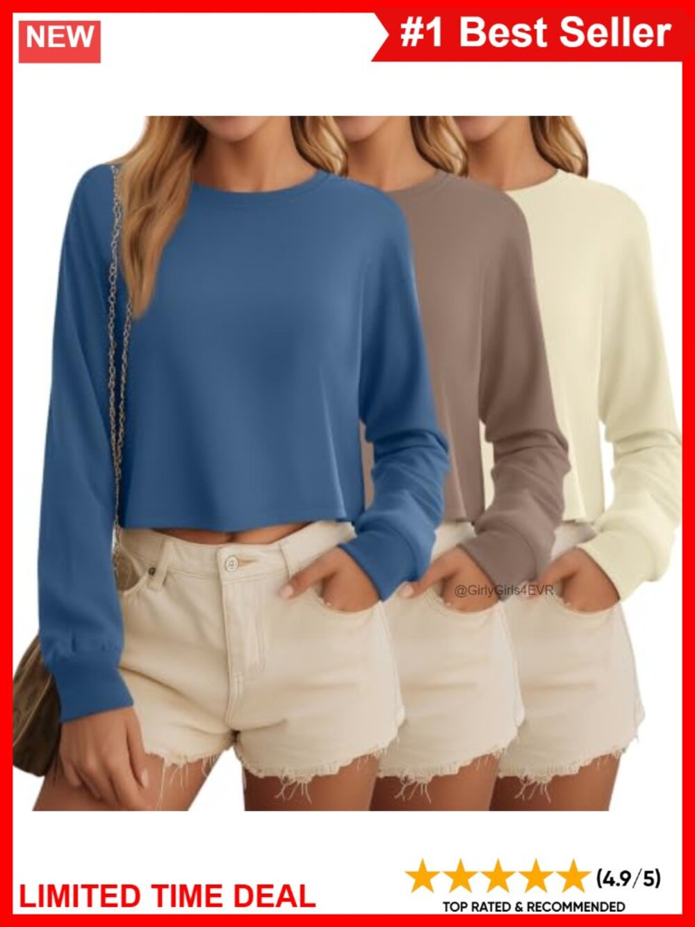 Women's 3 Pack Long Sleeve Cropped Tops Cotton Spandex Drop Shoulder Crew Neck